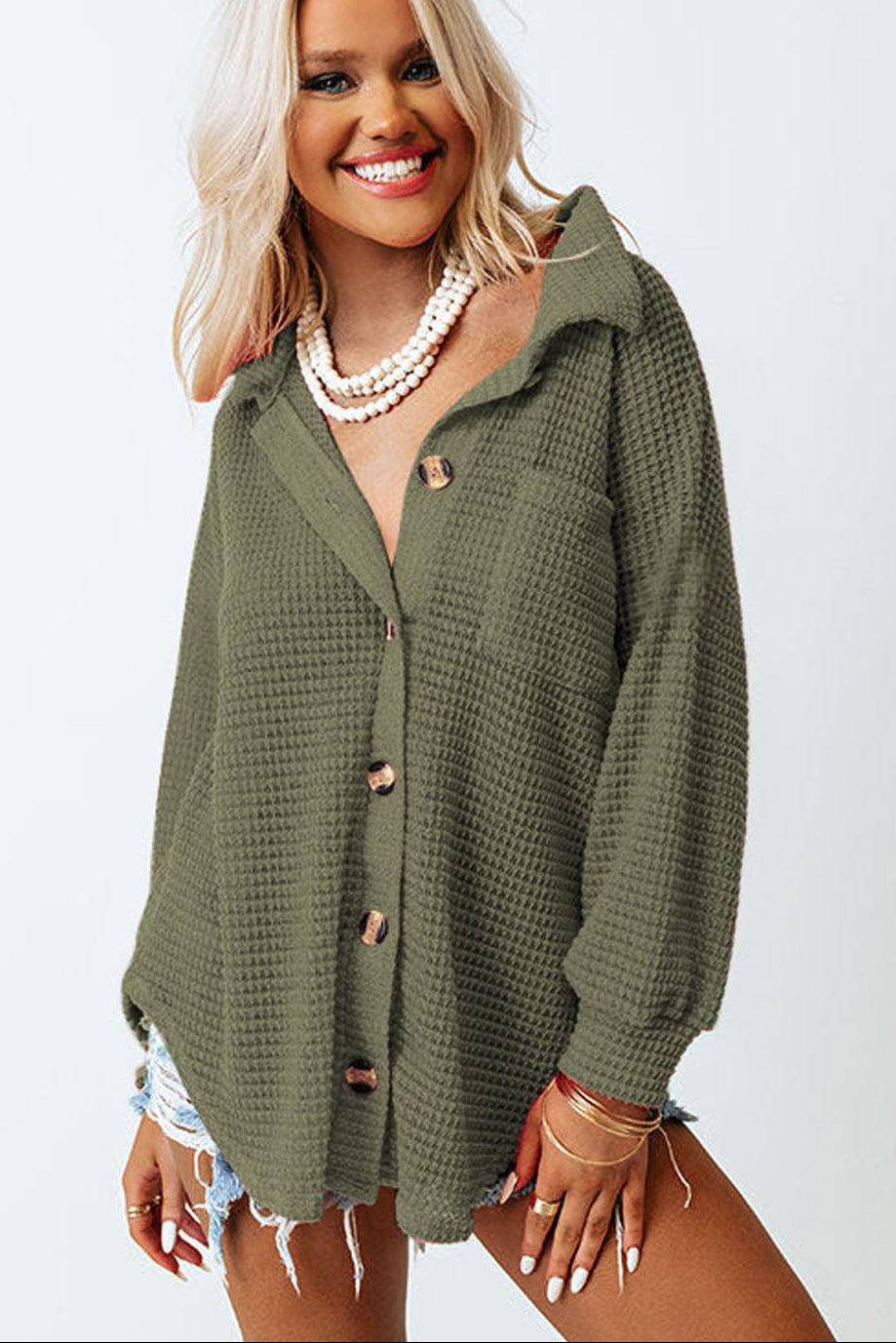 Green Waffle Button Up